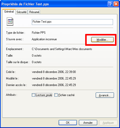 Propri�t� Fichier